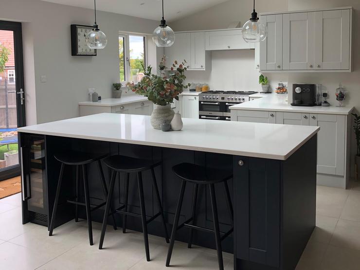 Grey and navy kitchen with island