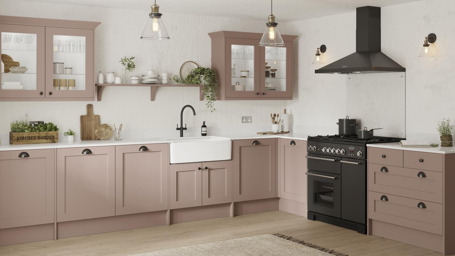 A chilcomb shaker kitchen in an antique rose colour