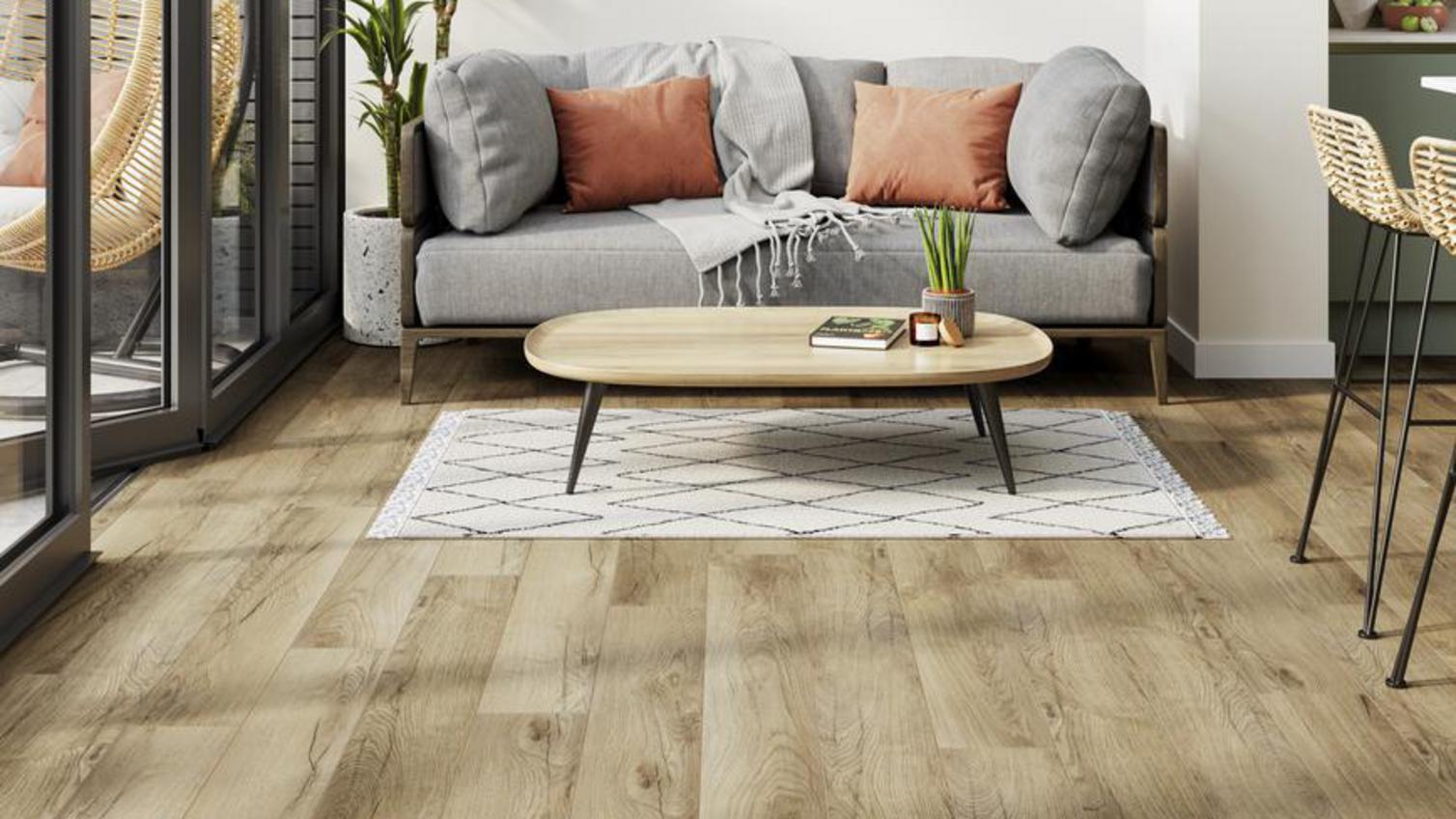Plank flooring in a modern living and dining room