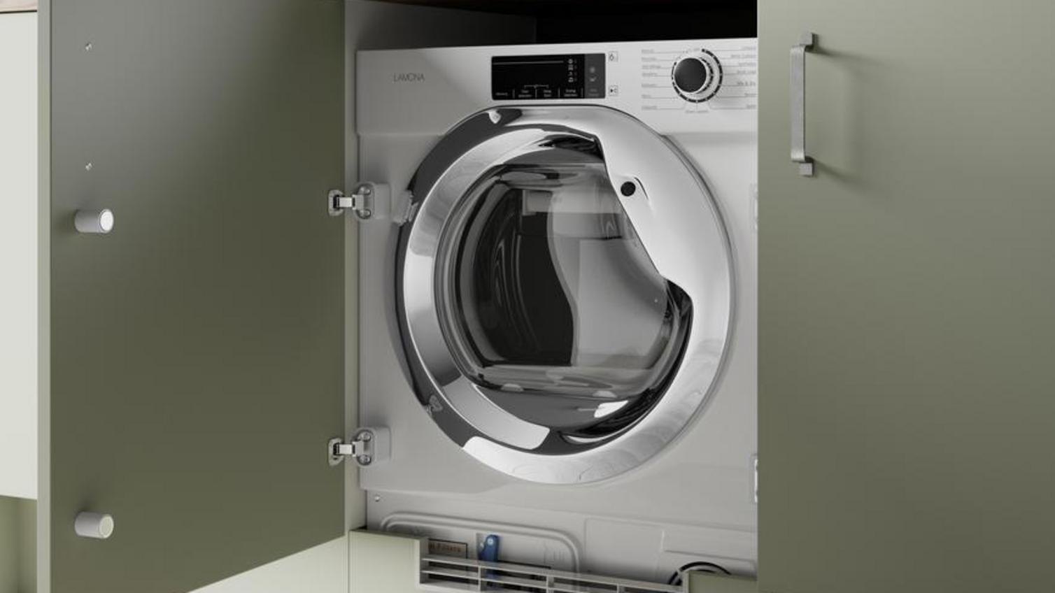 A Lamona washing machine integrated into a modern, green and timber kitchen.