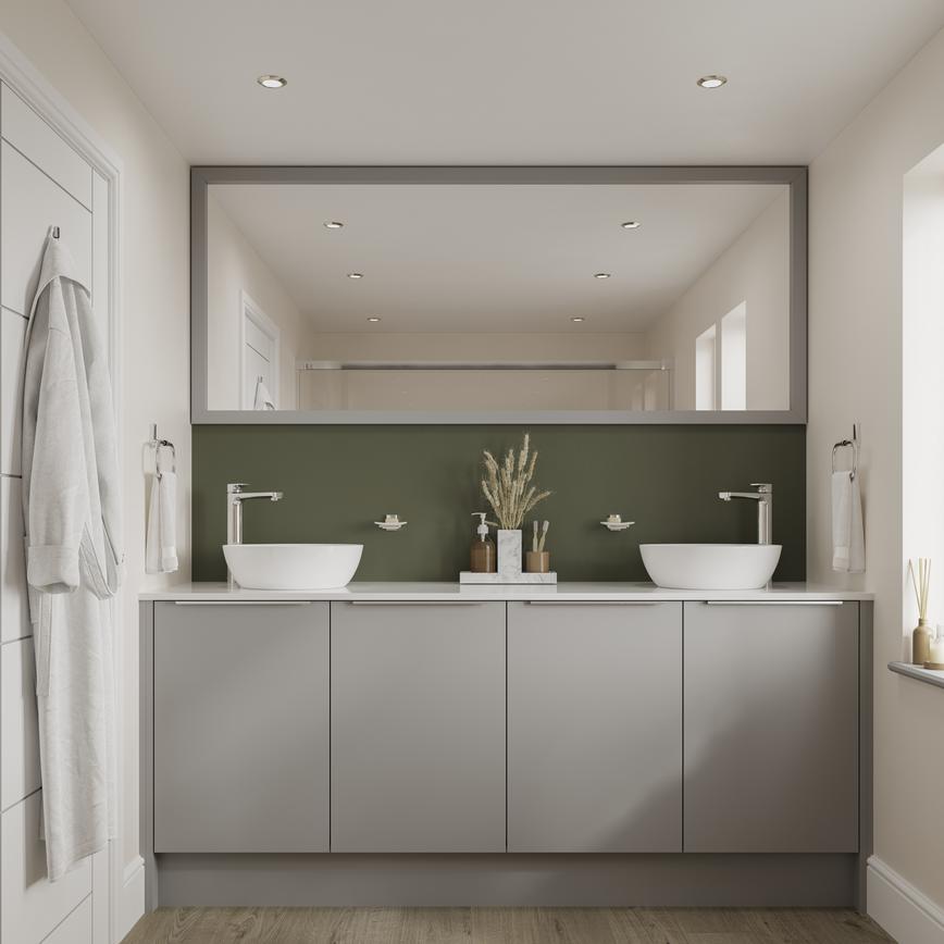 Compact grey bathroom with slab doors in a smooth finish. Includes trimline handles, a white worktop, and dark timber floor.