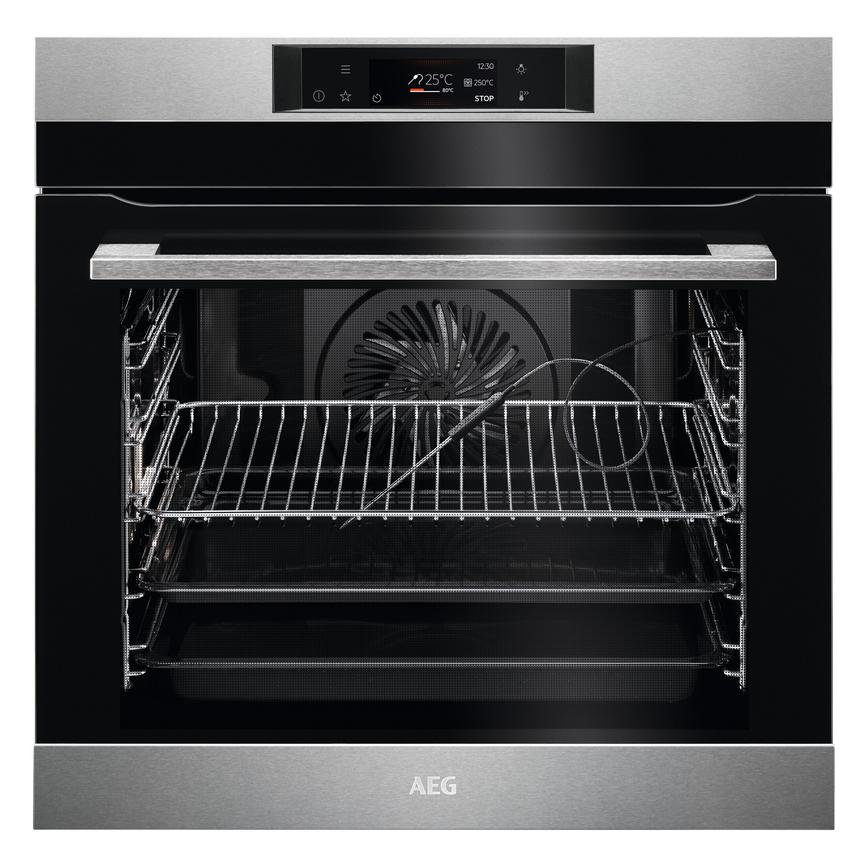 AEG BPK74238HM Stainless Steel Built In Single Steam Assist Multifunction Oven Front View Door Closed