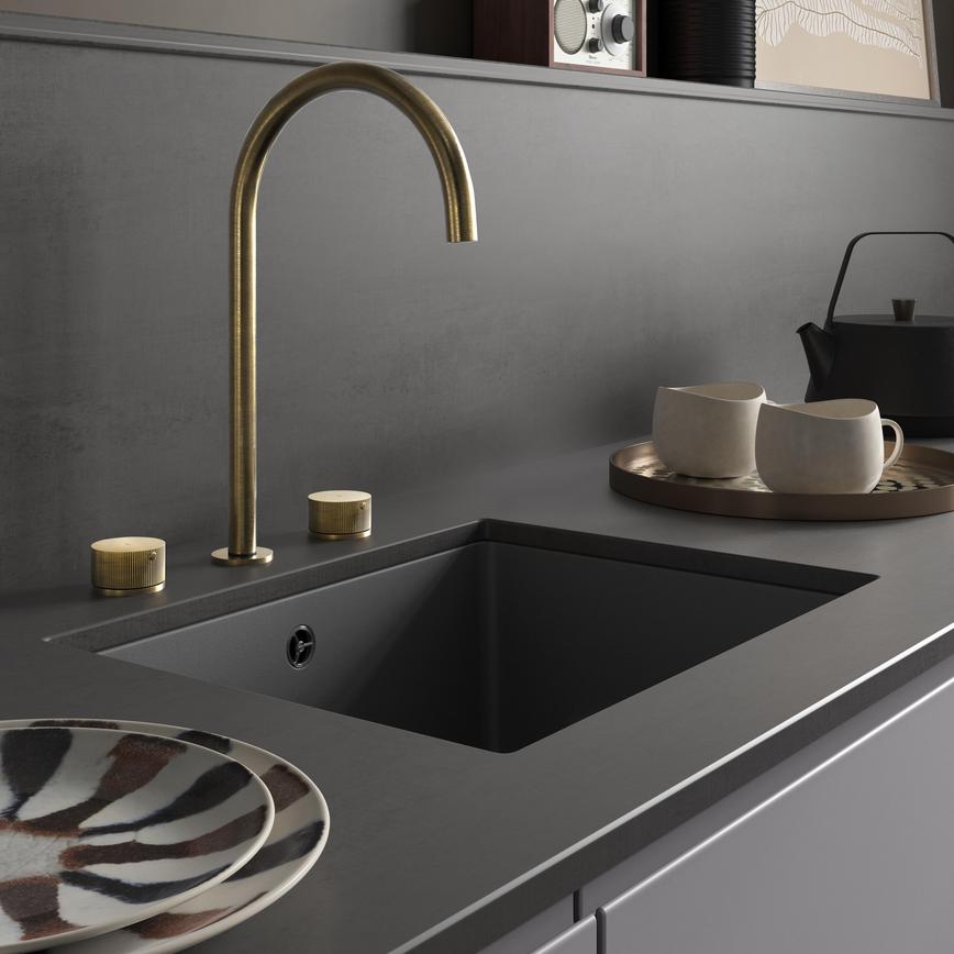 Single Bowl No Drainer Inset/Undermount Granite Composite Dark Grey Kitchen Sink, Corris Brushed Aged Brass Swivel Mixer Tap