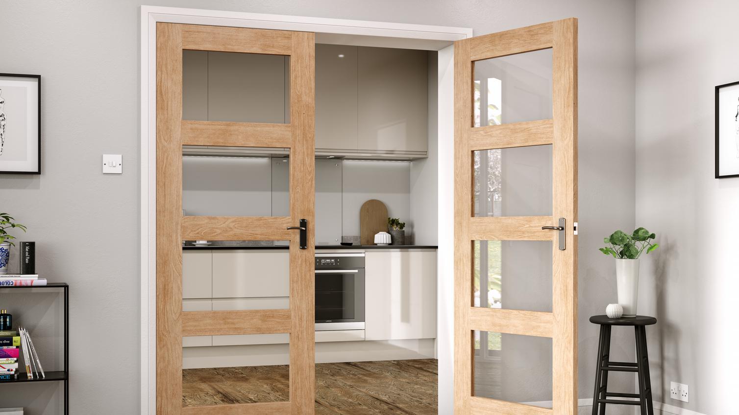 4 Panel Shaker Oak Glazed door leading to a kitchen