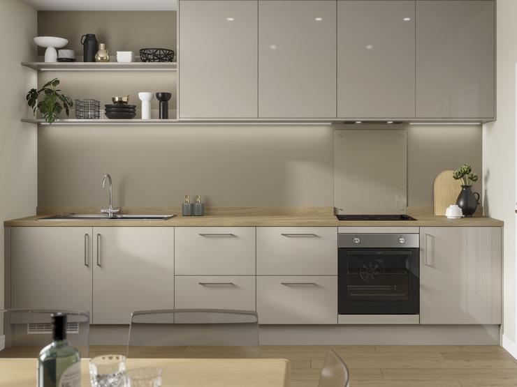 Pebble grey gloss single wall kitchen with light oak effect worktop, open shelving and built under electric oven.