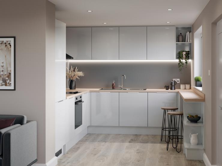 Small u shape kitchen with grey gloss kitchen doors, full height fridge freezer led lighting and beech kitchen worktop.