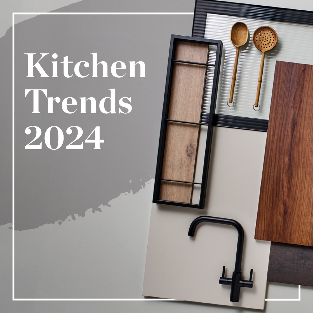 Kitchen trends 2024 with collection of products including a black tap, black shelf frame, walnut kitchen door, wooden shelf and utensils.