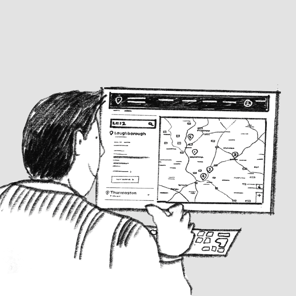 Illustration of a man in front of a computer screen showing a map on the screen