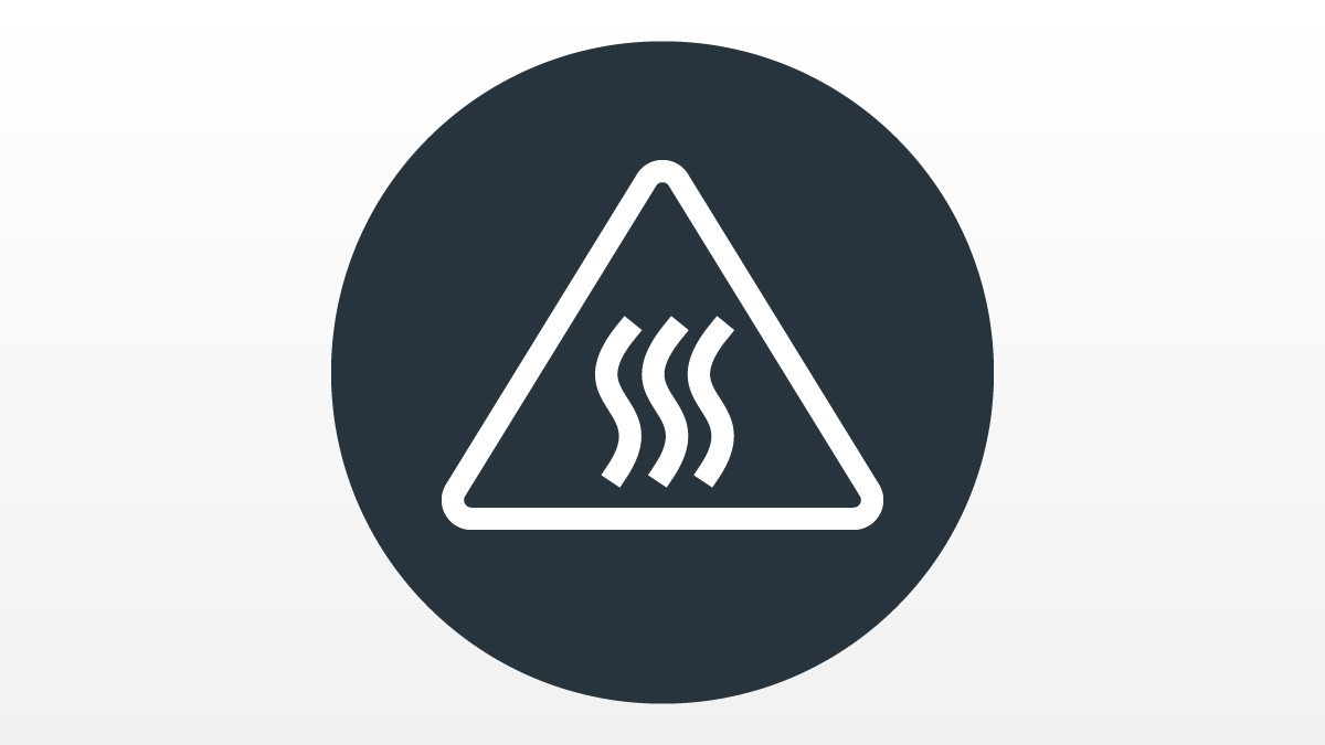 Laundry buying guide icon showing a white outline of a triangle and heating lines on a black circle.