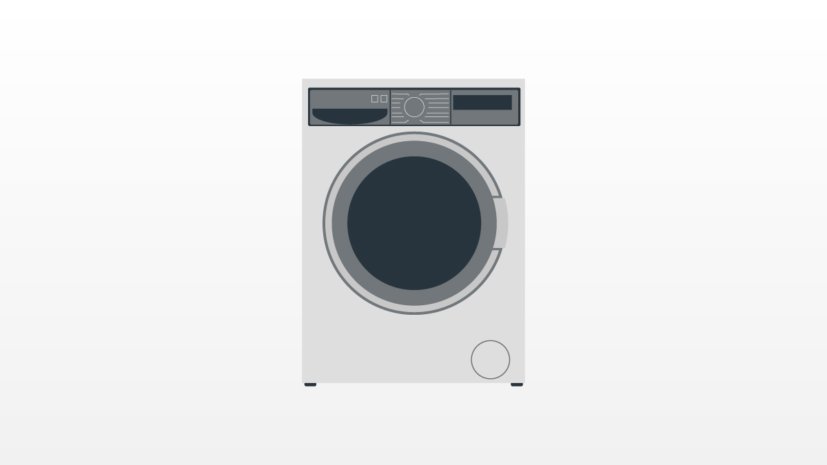 Laundry buying guide icon showing a washing machine in black and white.