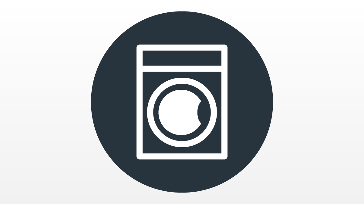 Laundry buying guide icon showing a white outline of a freestanding machine on a black circle.
