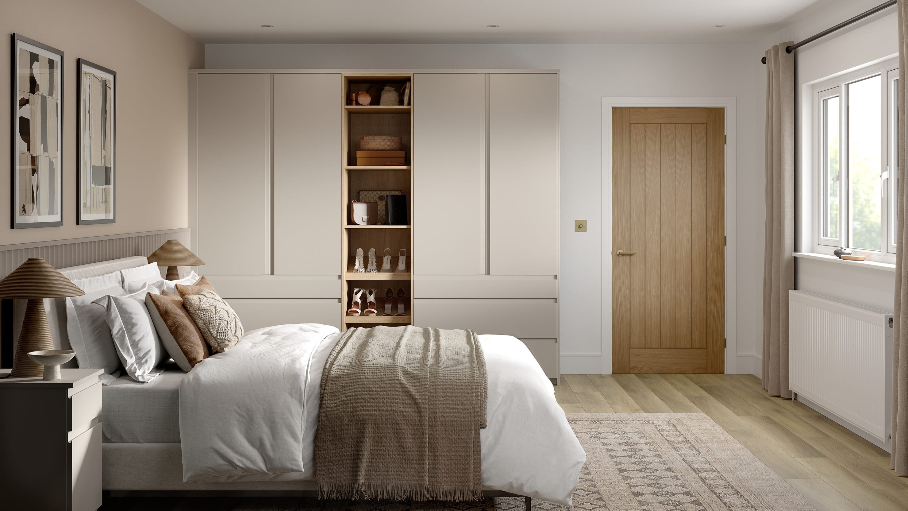 A Clerkenwell matt sandstone bedroom with tall wardrobes and matching drawers. It has shelves in between and light, oak-style flooring.