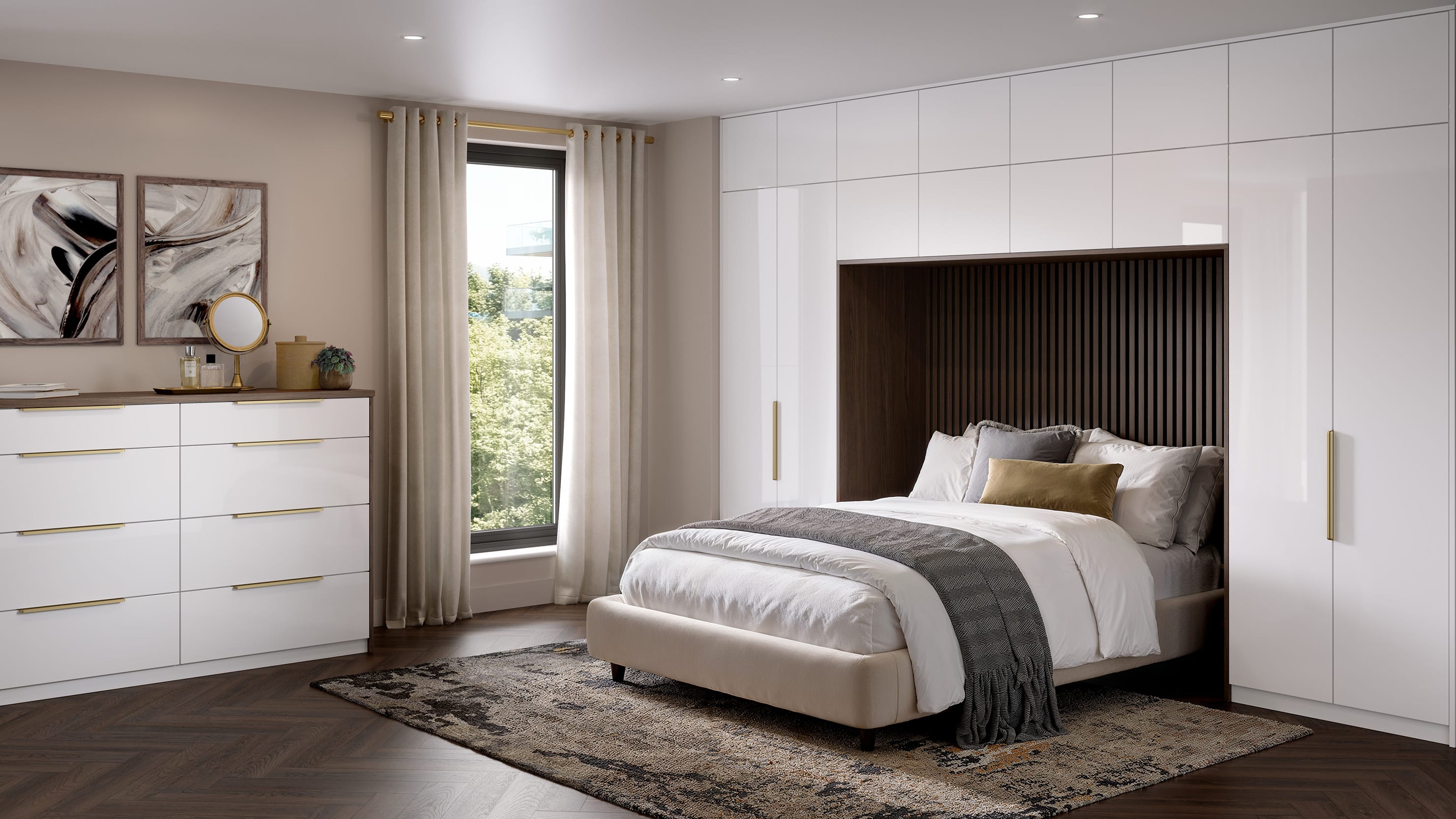 A Winterton gloss white bedroom with wardrobes and drawers.