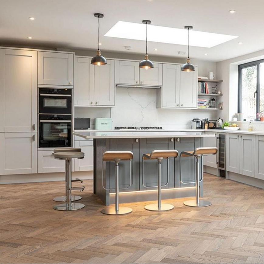 light grey and dark grey two tone shaker kitchen with island