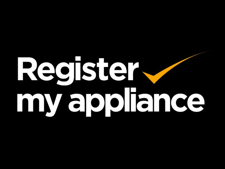 White Register My Appliance logo on a black background
