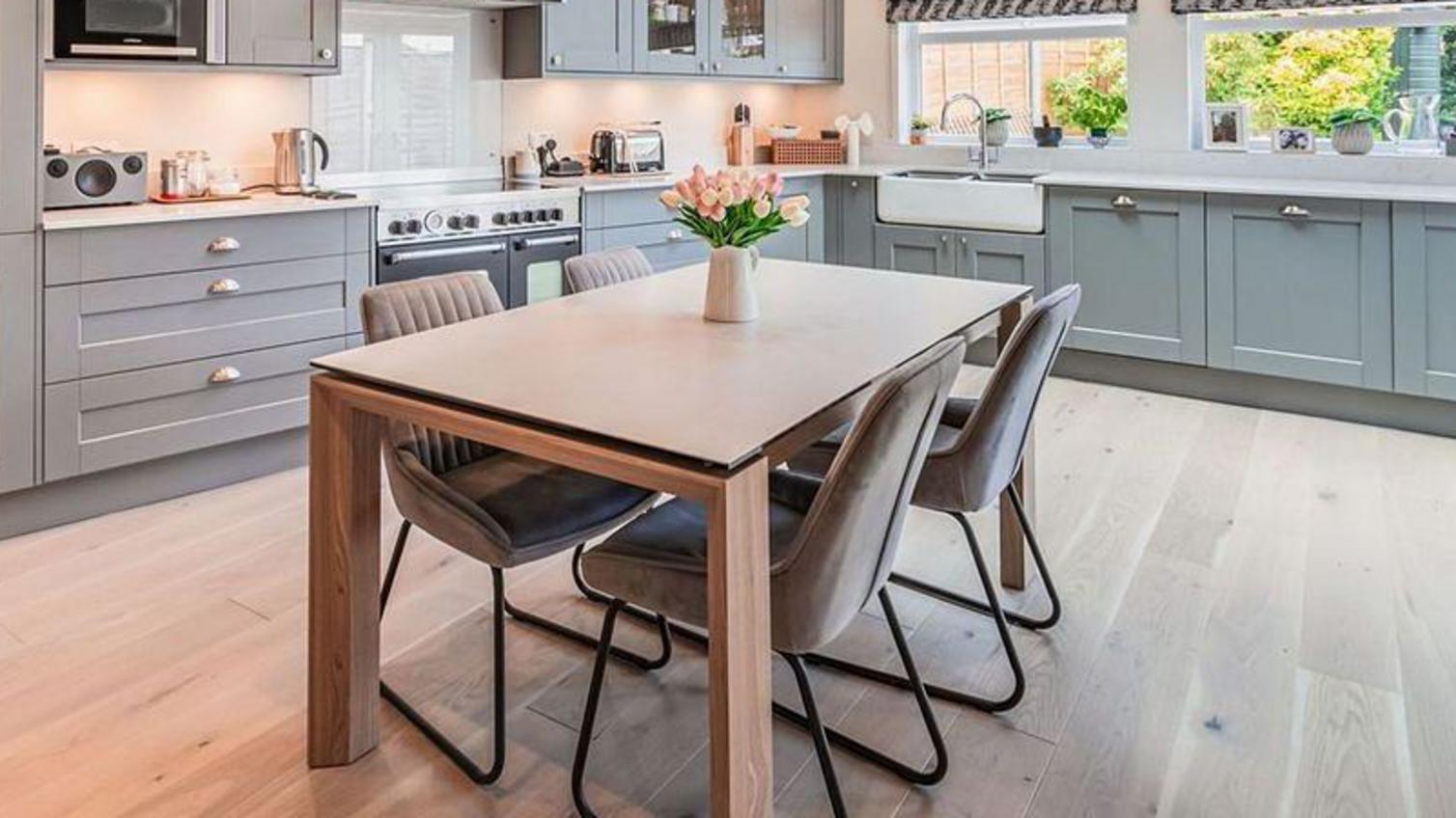 Open Fairford slate grey kitchen with engineered oak flooring