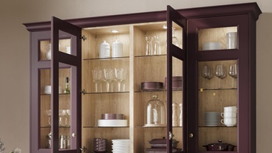 Elmbridge paintable in red, featuring a dresser unit with glass doors