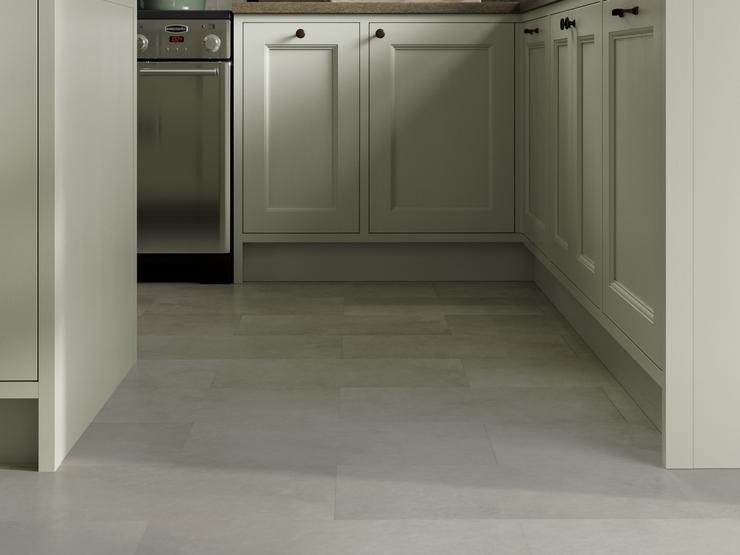 Elmbridge Sage Green kitchen with grey stone tile vinyl flooring