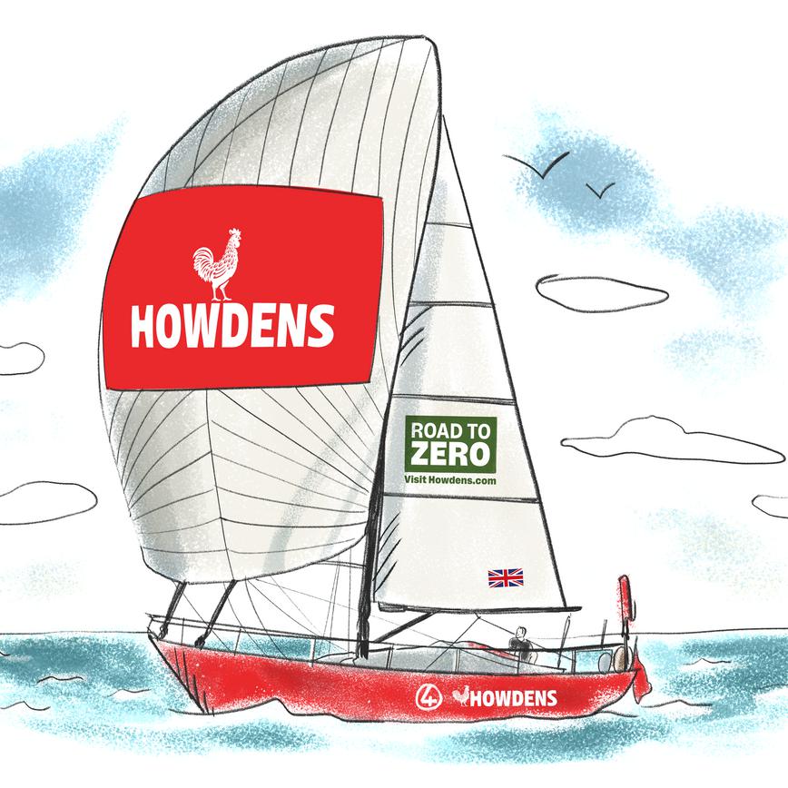 Illustrated sailing boat with Howdens and Road to Zero branding for the Golden Globe Race