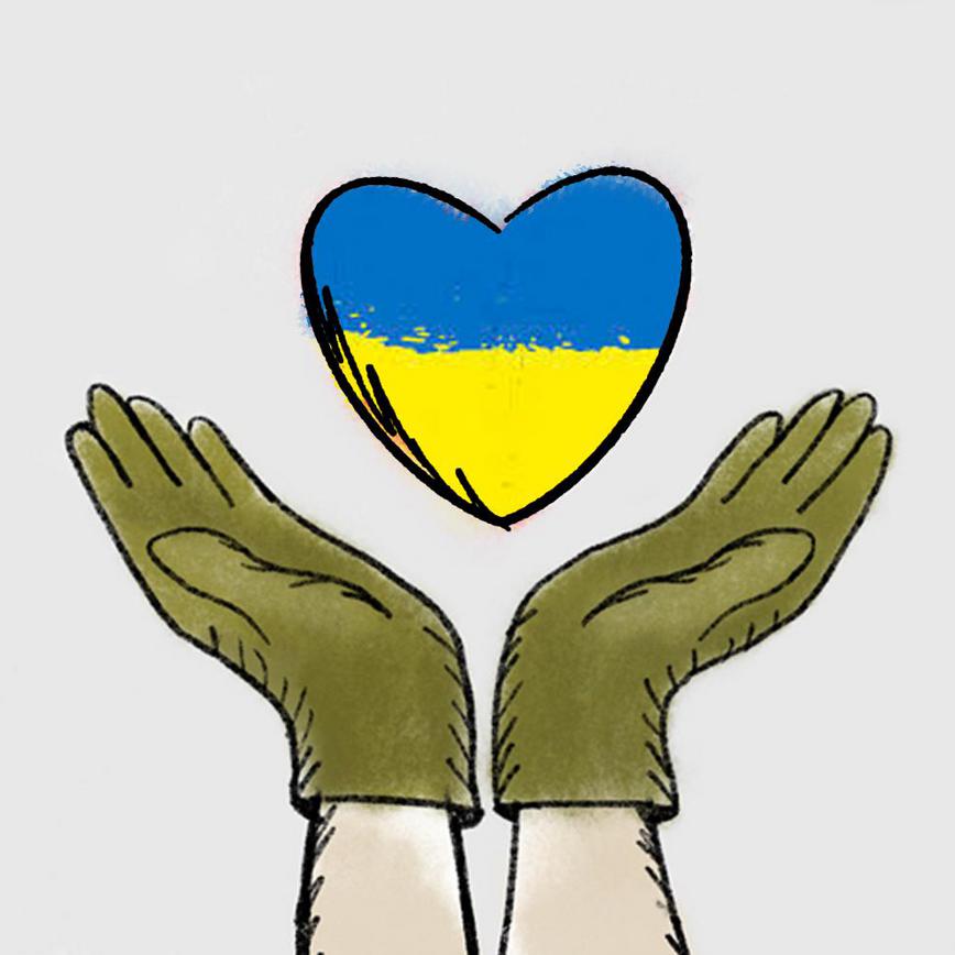 An illustration of two hands holding up a Ukrainian coloured heart