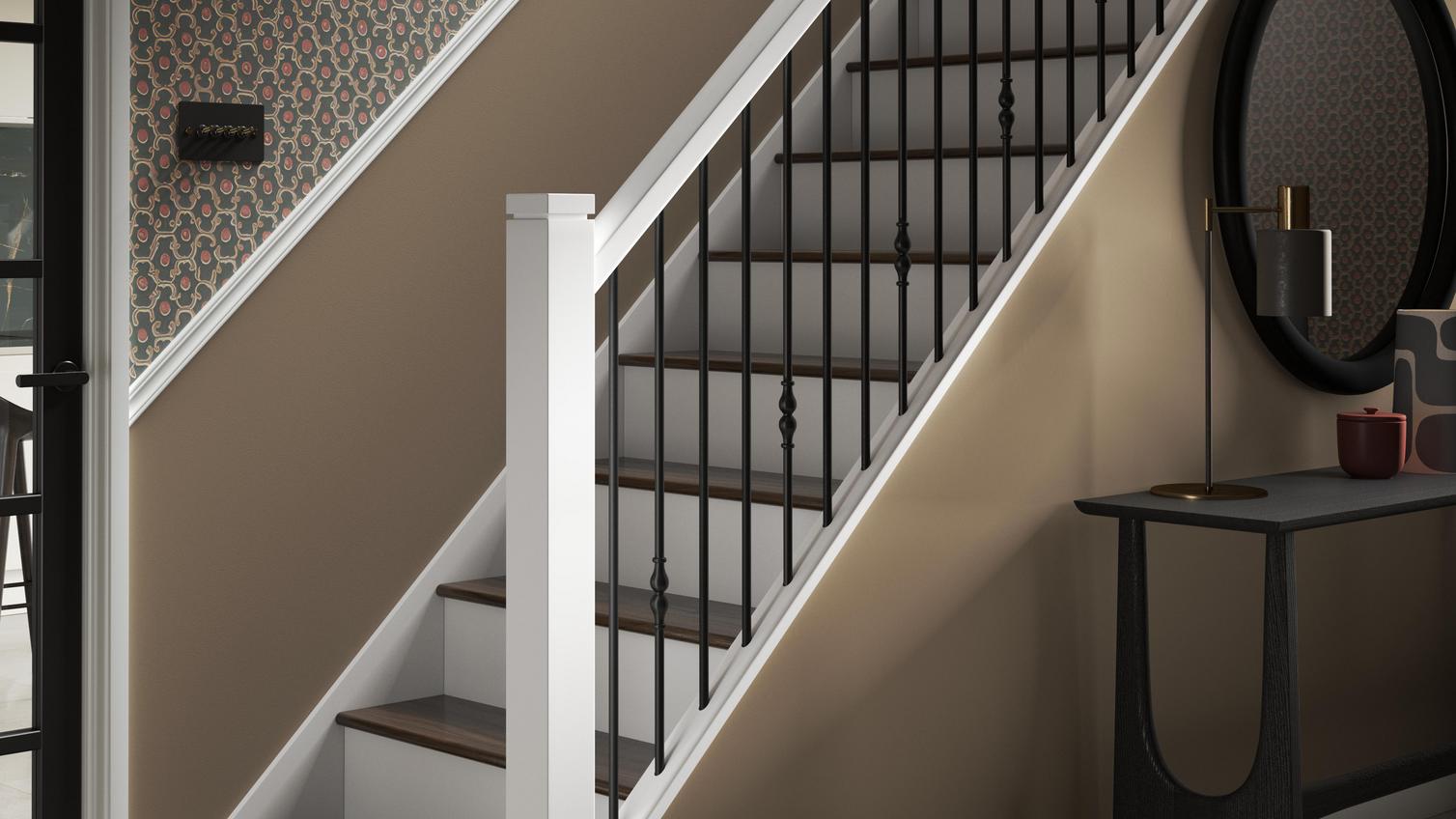 Metal spindles as a stairway idea for a hallway makeover