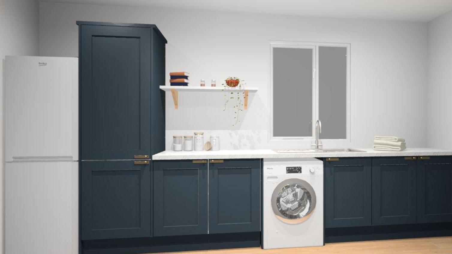 CAD plan of a navy utility room using shaker units, white worktops, timber-effect floors and a freestanding washing machine.