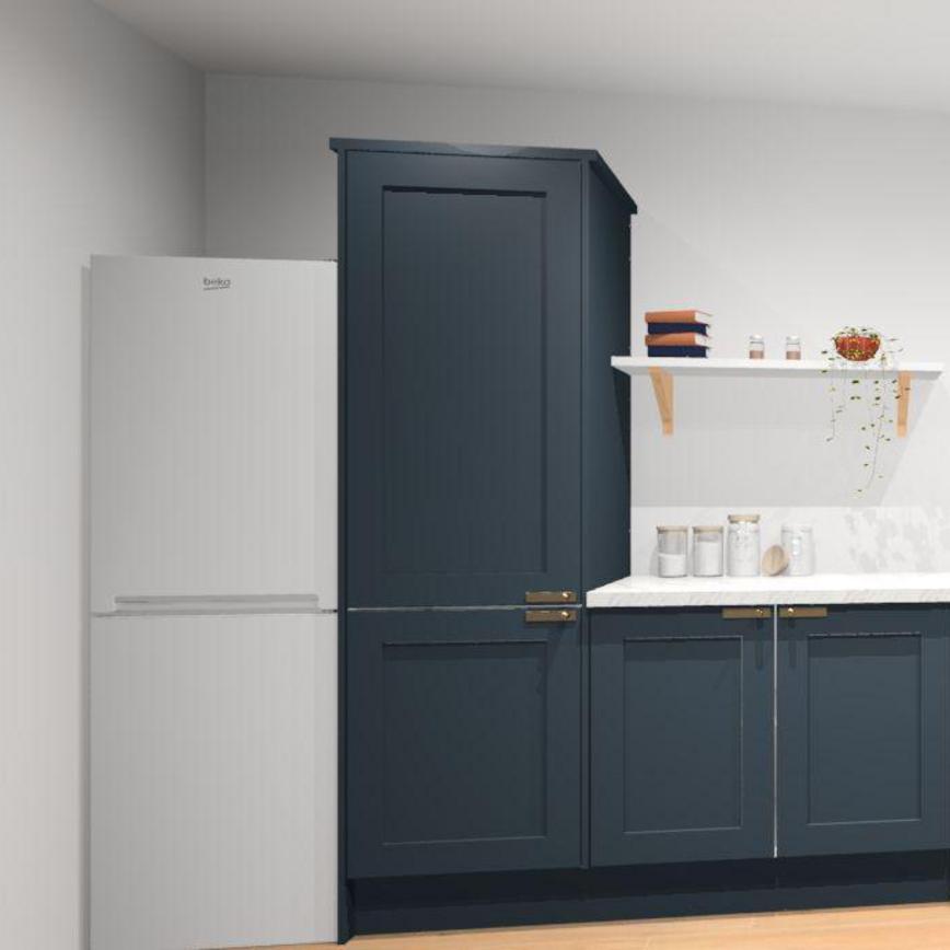 CAD plan of a navy utility room using shaker units, white worktops, timber-effect floors and a freestanding washing machine.