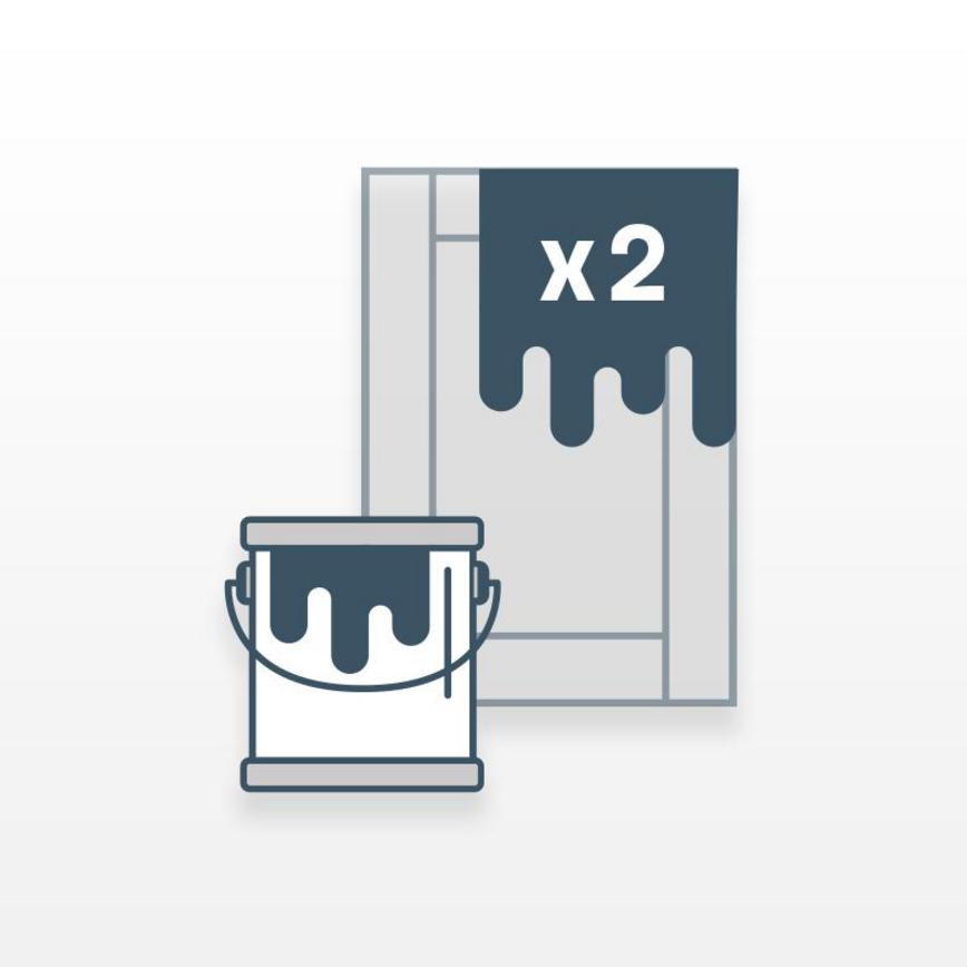 Icon of a paint pot with paint overflowing, next to a shaker kitchen door cut-out icon showing a paint splash in the corner.