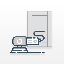 Icon of a sanding tool positioned in front of a shaker kitchen door cut-out icon in black and white, showing the preparation.