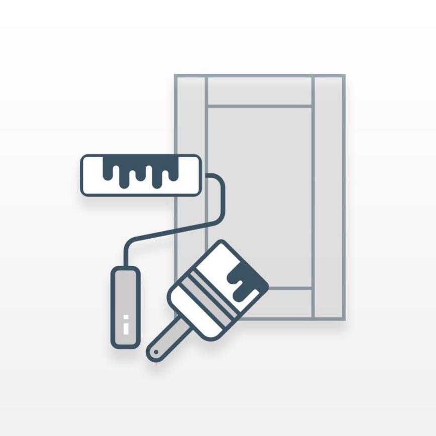 Icon of paint on a paint roller and paintbrush positioned in front of a shaker kitchen door cut-out icon in black and white.