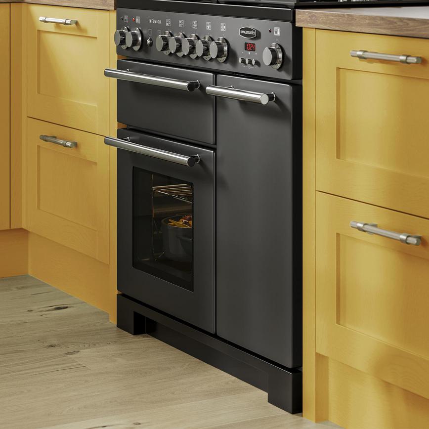 Yellow paintable kitchen with shaker cupboards, featuring a light oak floor, silver bar handles and a black rangemaster oven.