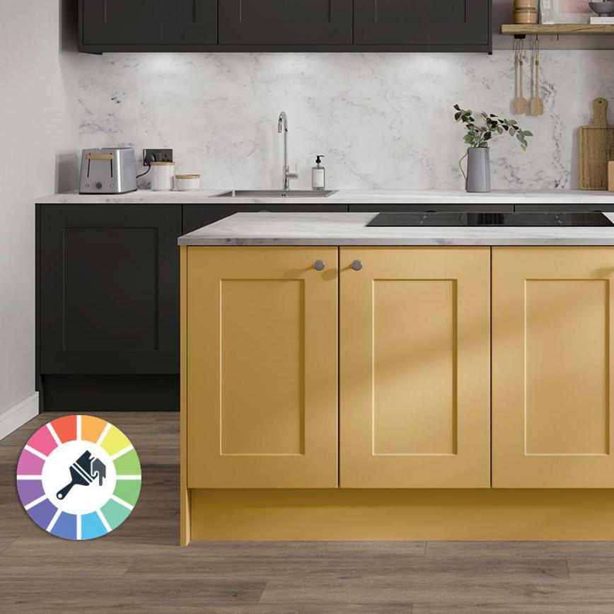 Yellow and black paintable kitchen idea with a yellow shaker island, white quartz worktop and hob, with black wall units.
