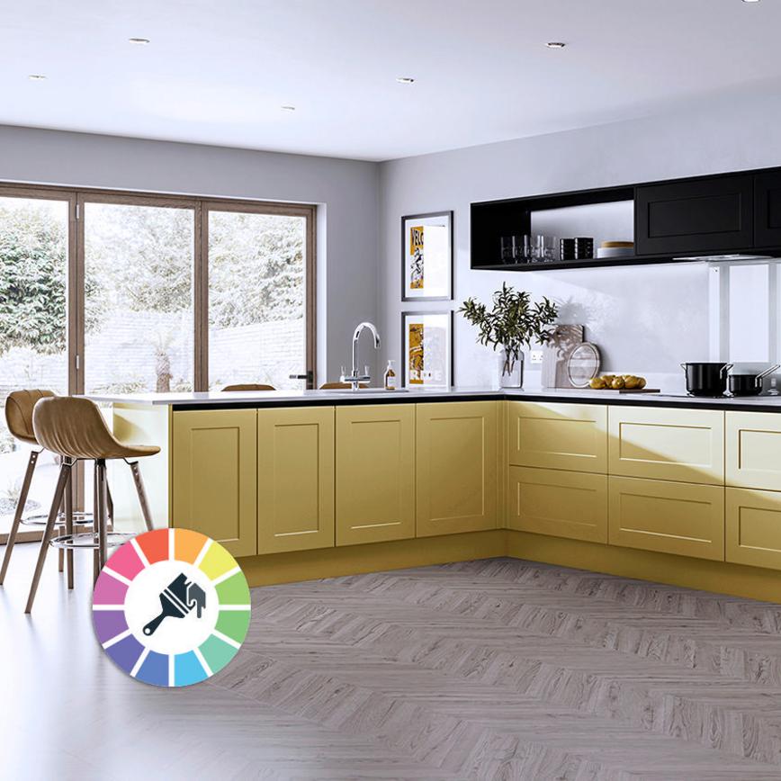 Yellow paintable kitchen idea with handleless shaker doors, black profiles, black open shelving, and white quartz worktops.
