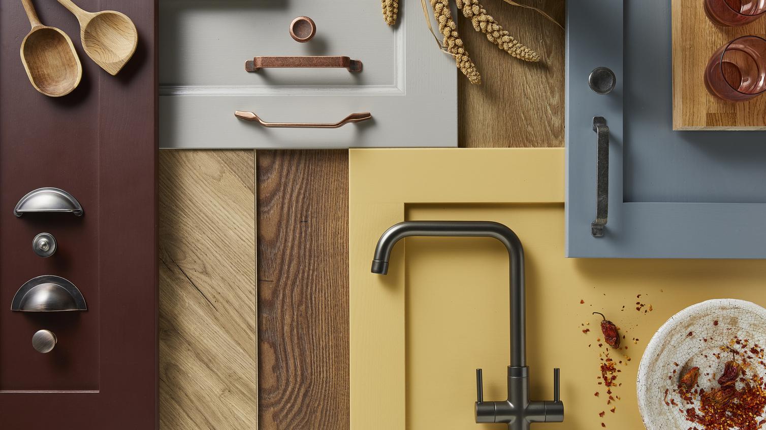 Crafted flat lay showing a yellow, blue, and grey shaker door, brushed chrome tap and handles, and oak slabs.
