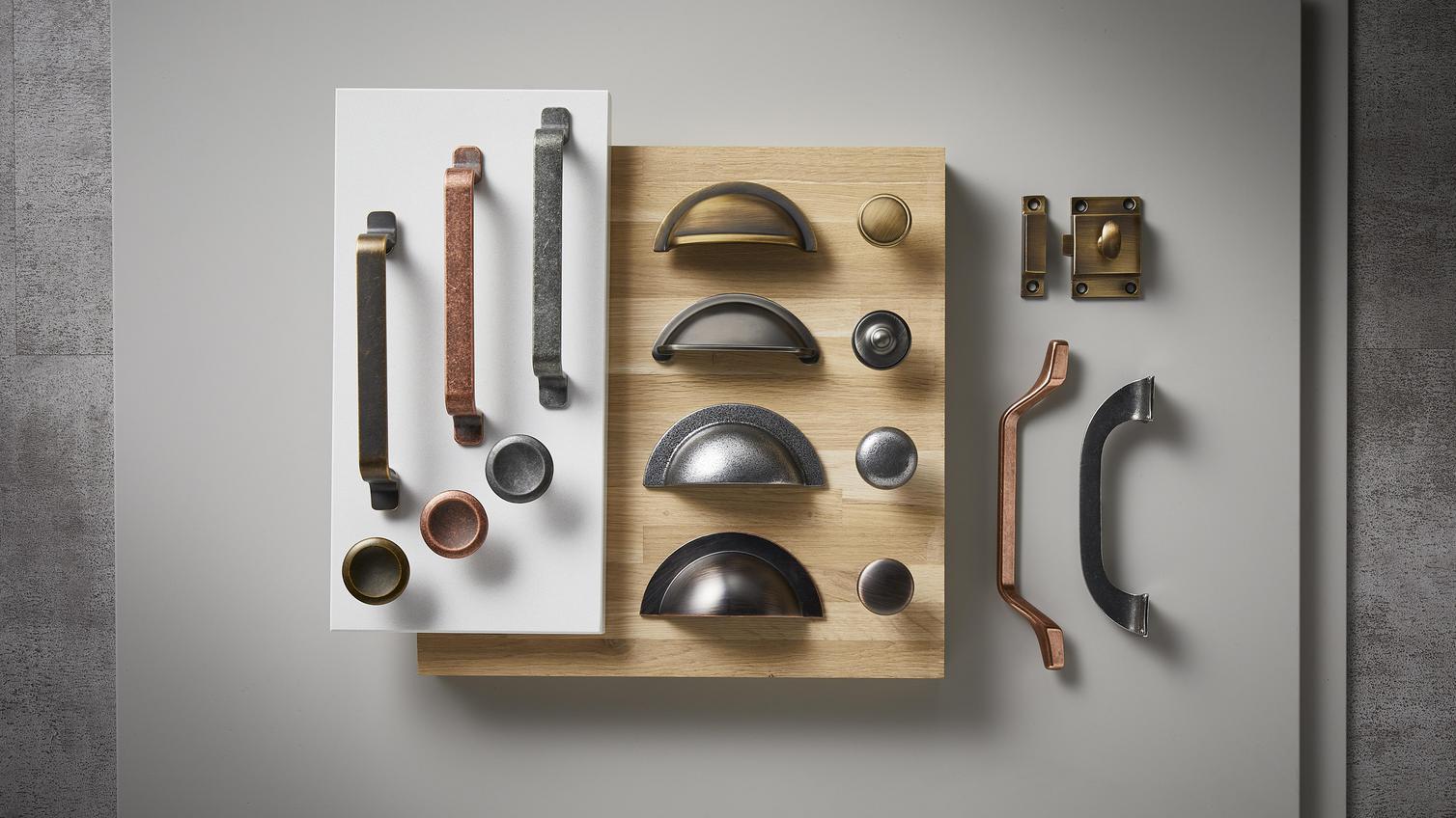 Crafted flat lay showing an oak slab and white slab with different cabinet handle styles in brass and brushed chrome.