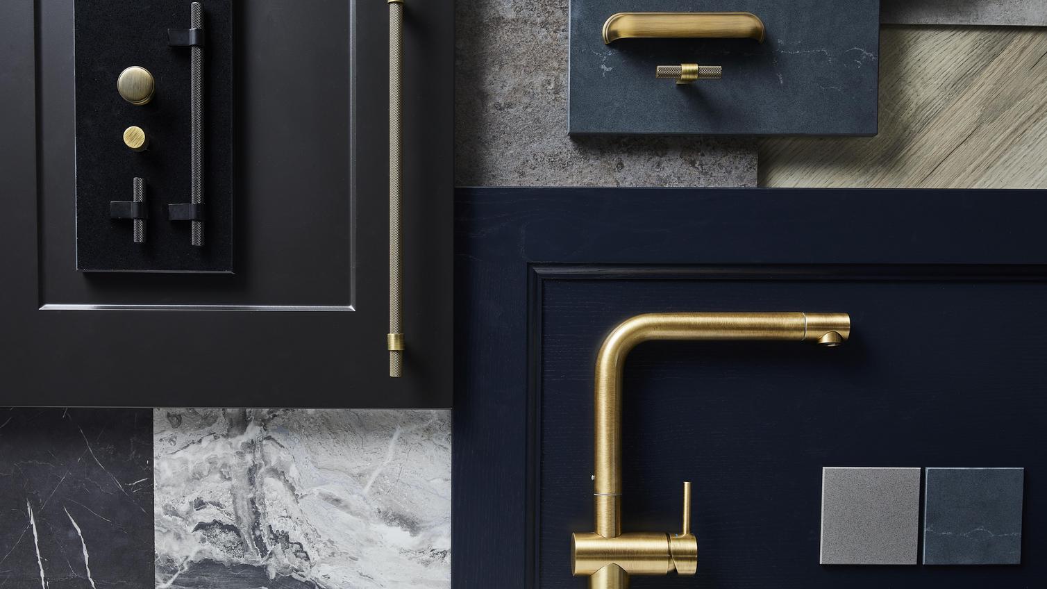 Sensory delight flat lay showing charcoal and navy shaker doors, textured stone, black handles and brushed chrome fixtures.