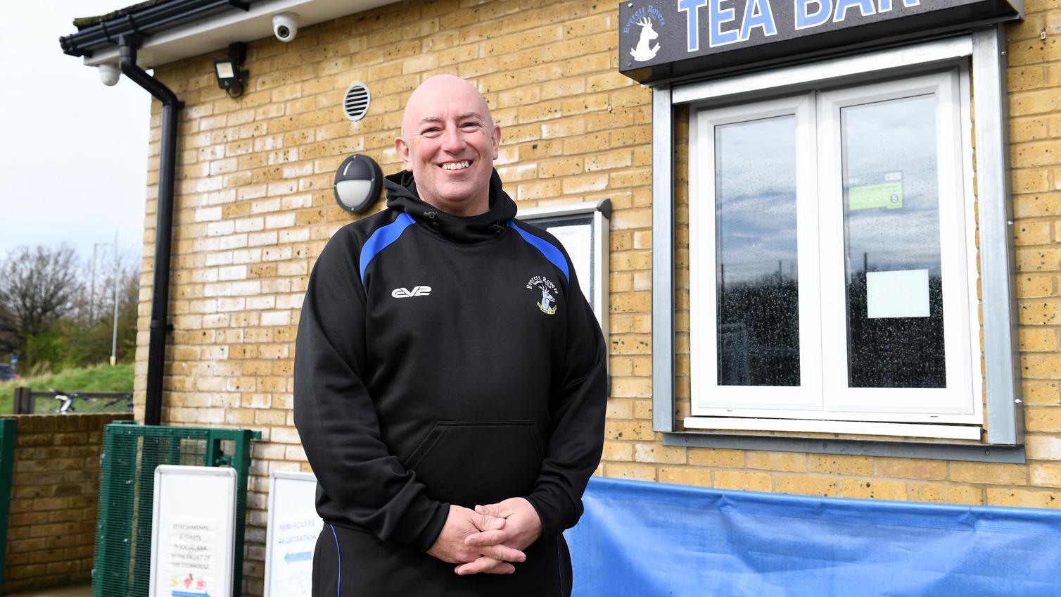 The Everett Rovers vice Chairman, David Preedy, smiling outside the clubhouse