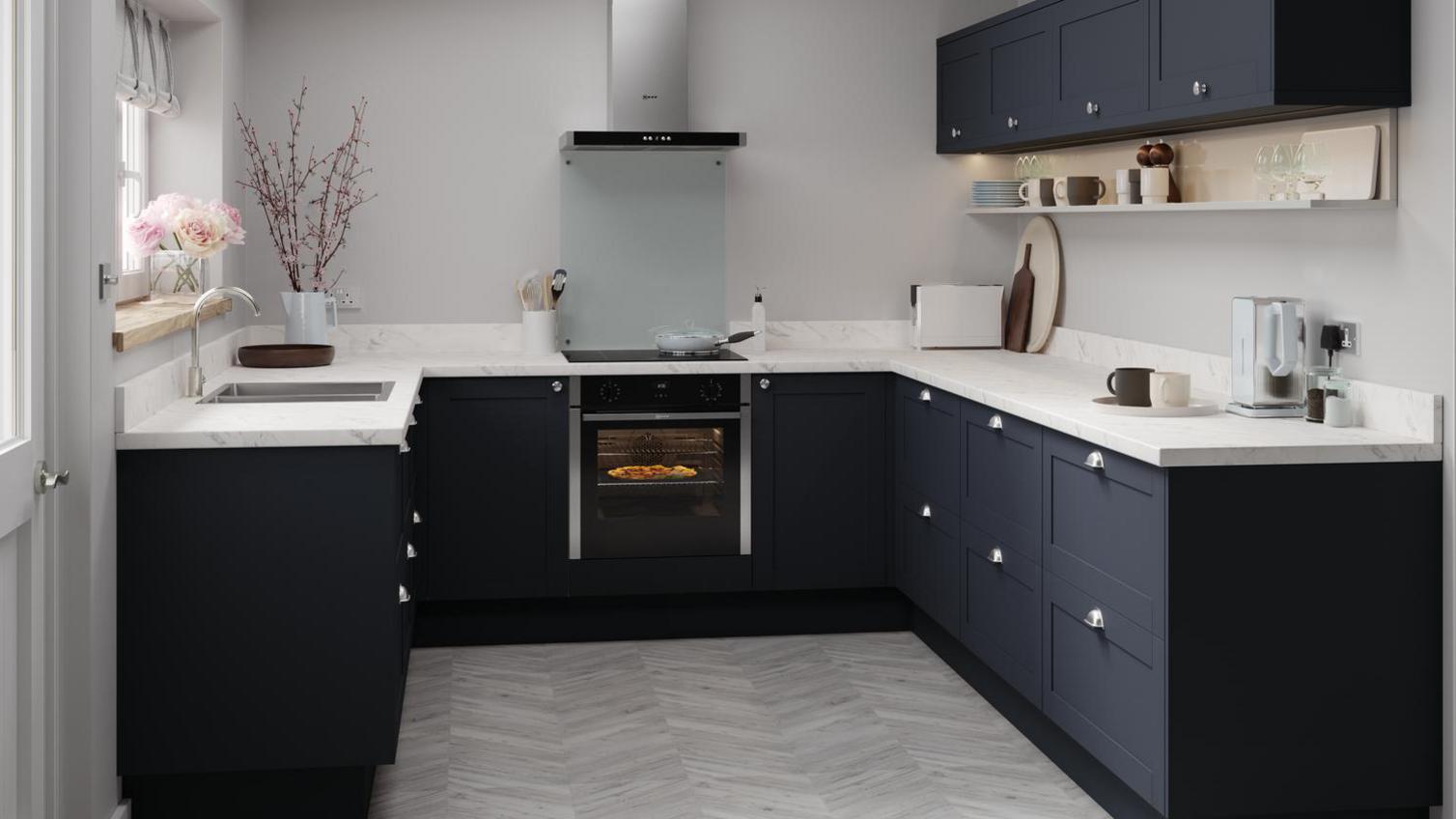 A Witney shaker kitchen from Howdens in a classic navy colour.