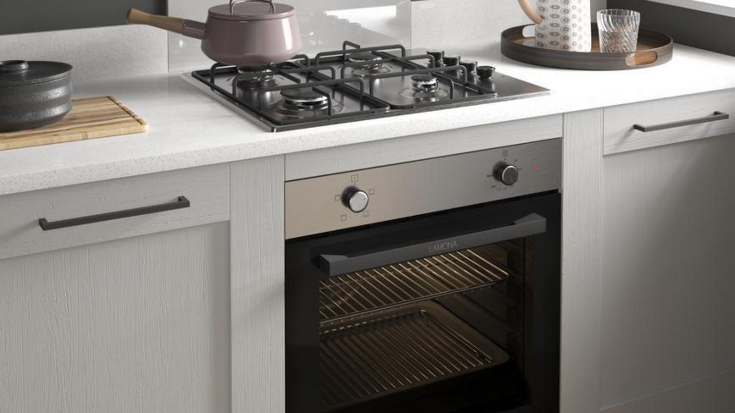 A Lamona oven and hob combination in a grey shaker kitchen