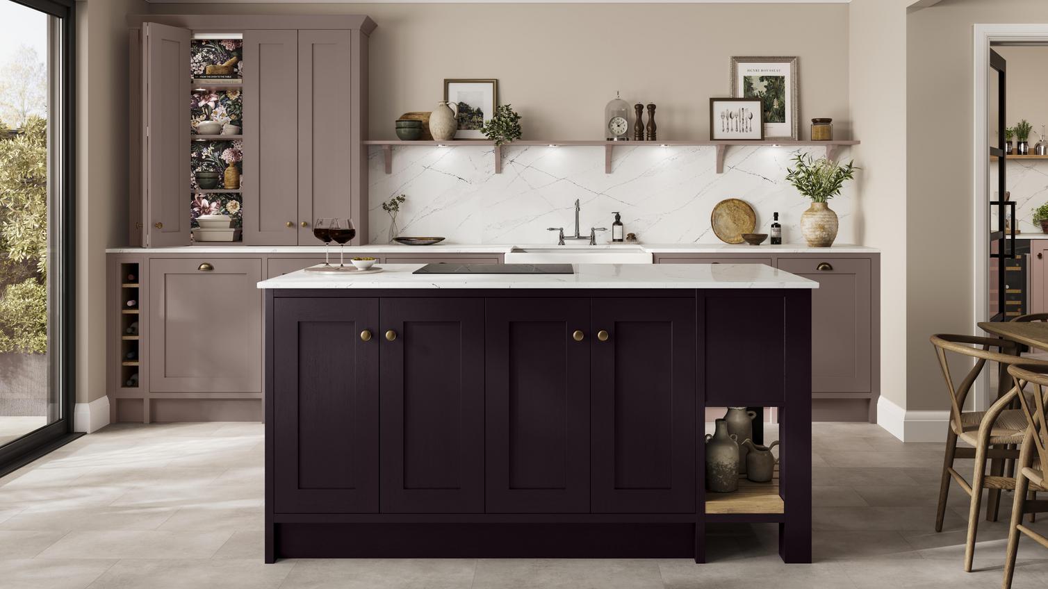 Two tone shaker kitchen ideas in blackberry and antique rose. Includes white worktops, an induction hob, and grey floors.