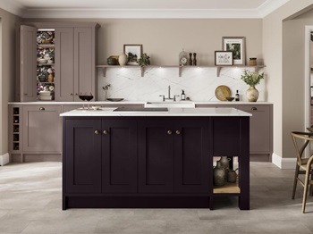 Two tone shaker kitchen ideas in blackberry and antique rose. Includes white worktops, an induction hob, and grey floors.