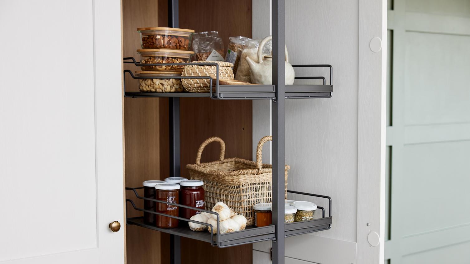 Howdens pull-out storage inside a porcelain Halesworth kitchen