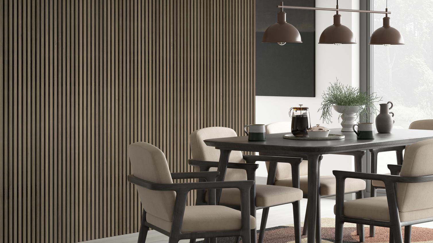 Acoustic wall cladding in a modern, minimalist dining room