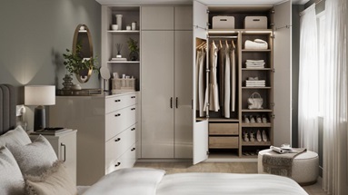 A reflective, glossy fitted bedroom in a modern space