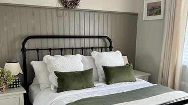A compact bedroom with wall panelling painted green as a feature