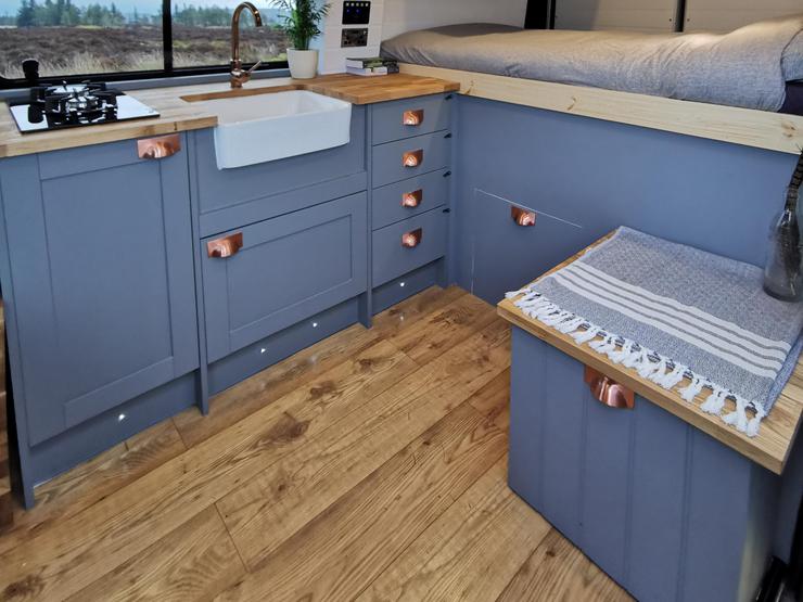 Campervan Fairford Blue kitchen with plinth lighting