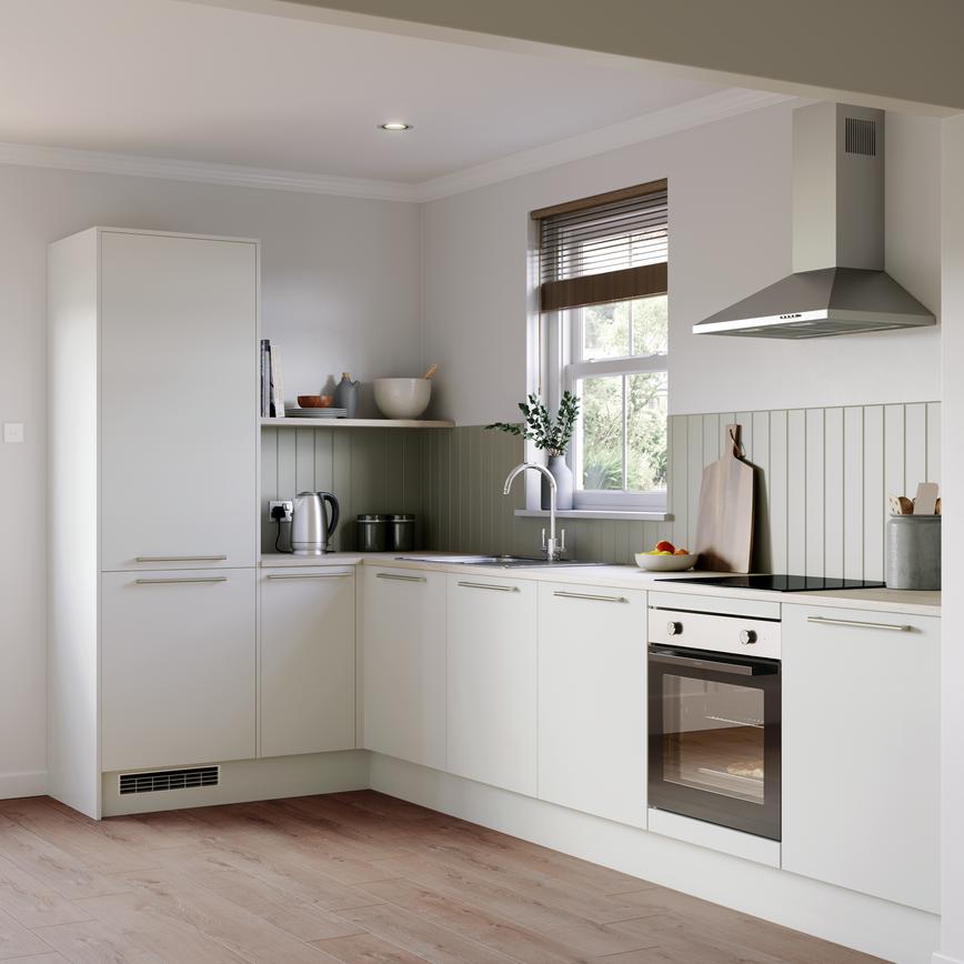 Dove grey kitchen with chrome bar pull handles and vertical wall panels and dark wood flooring leading to back garden