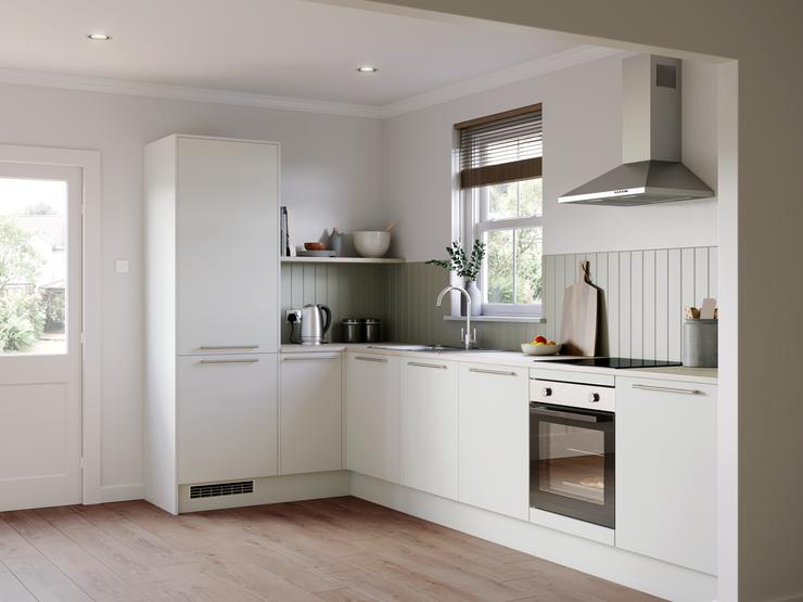 Dove grey kitchen with chrome bar pull handles and vertical wall panels and dark wood flooring leading to back garden.