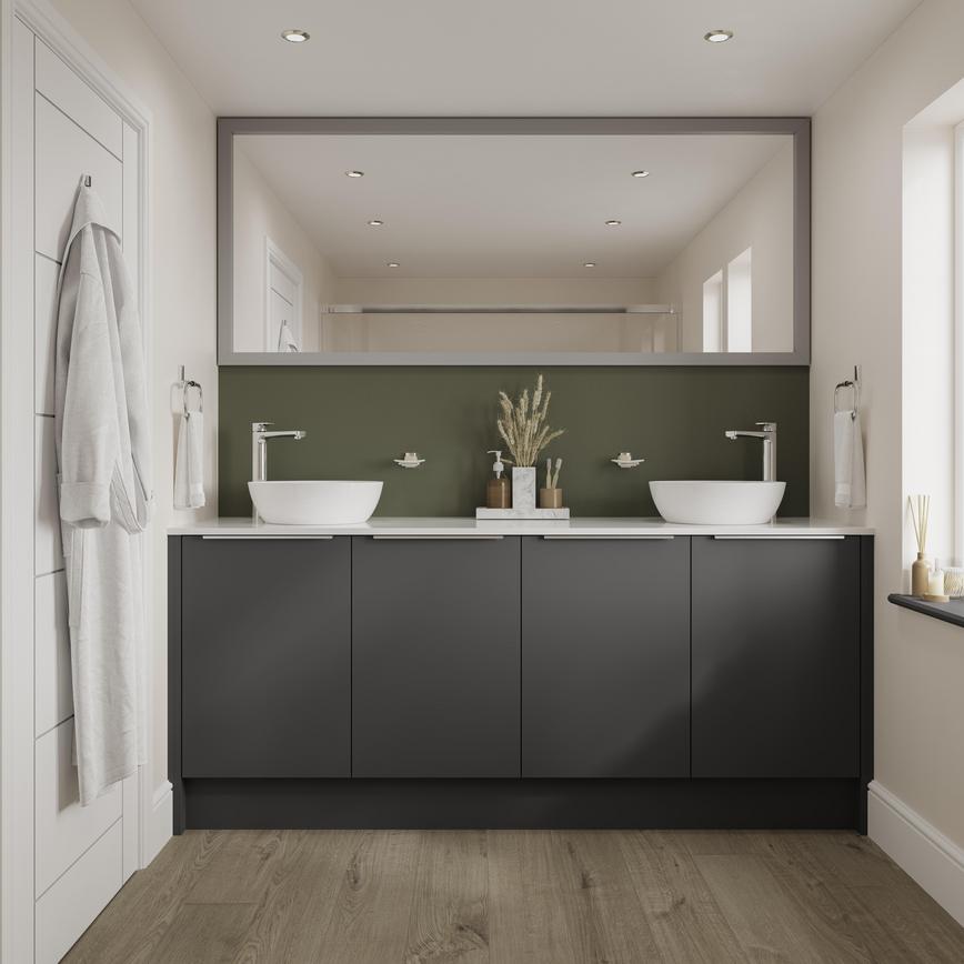 Black bathroom with charcoal tones and simple matt finish for a bold aesthetic. Includes white worktops for a two-tone look.