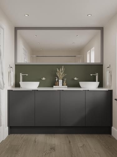 Black bathroom with charcoal tones and simple matt finish for a bold aesthetic. Includes white worktops for a two-tone look.